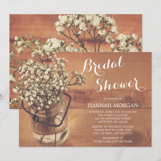 Rustikales Gipskraut Mason Jar Wood Brautparty Einladung (Vorne/Hinten)