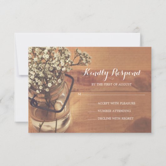 Rustikales Gipskraut Mason Jar Wood Wedding RSVP Karte (Vorderseite)