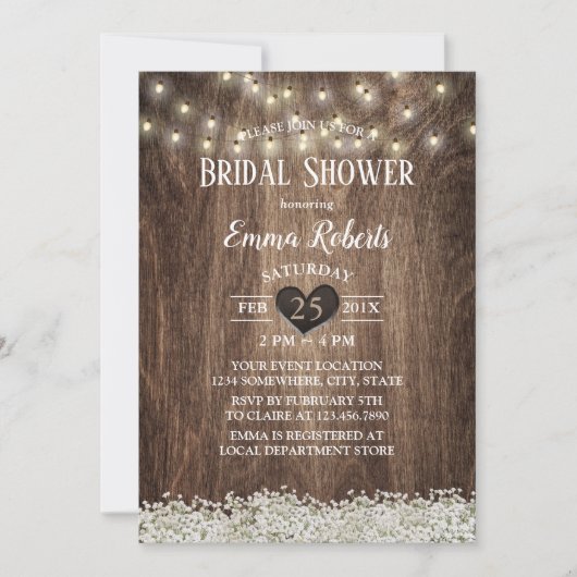 Rustikales Gipskraut String Lights Brautparty Einladung (Vorderseite)