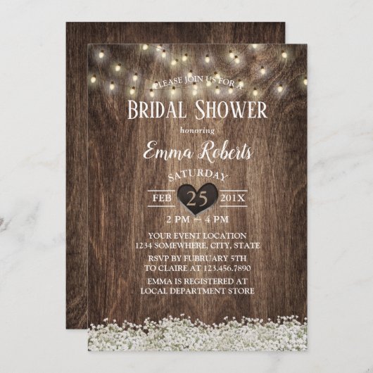 Rustikales Gipskraut String Lights Brautparty Einladung (Vorne/Hinten)