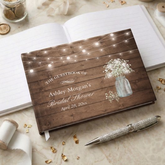 Rustikales Gipskraut String Lights Brautparty Gästebuch