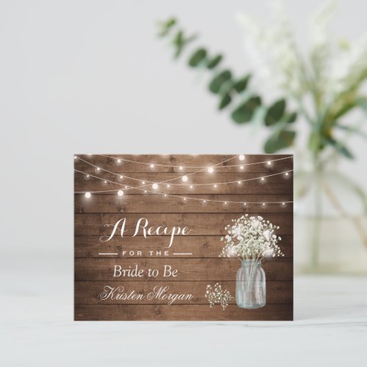 Rustikales Gipskraut String Lights Bridal Rezept Postkarte (Stehend Vorderseite)