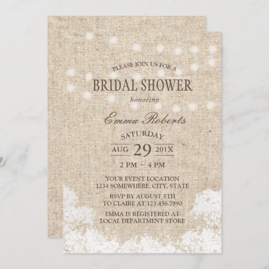 Rustikales Gipskraut- und String-Lights-Brautparty Einladung (Vorne/Hinten)