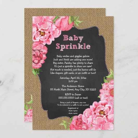 Rustikales Girl Pink Blues Baby Sprinkle Einladung (Vorne/Hinten)