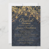 Rustikales Glam Blue Gold String Light Brautparty Einladung (Vorderseite)