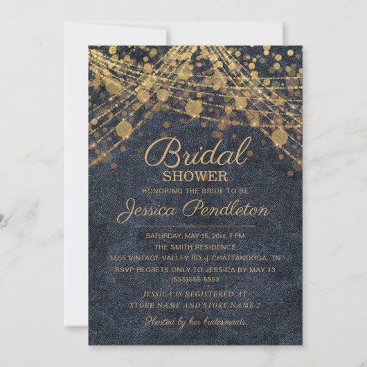 Rustikales Glam Blue Gold String Light Brautparty Einladung (Vorderseite)