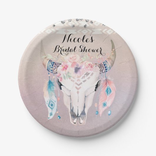 Rustikales Glam Boho Floral Cow Skull Chic Party Pappteller (Vorderseite)