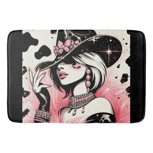 Rustikales Glam Cowgirl Pink Sparkle Cowhide Print Badematte (Vorderseite)