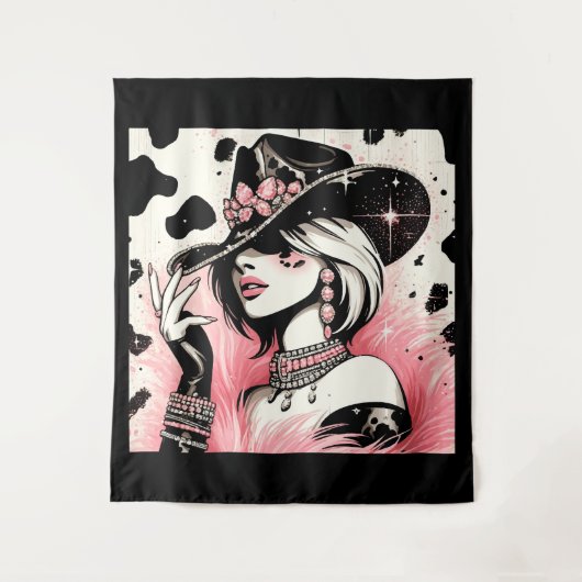 Rustikales Glam Cowgirl Pink Sparkle Cowhide Print Wandteppich (Vorderseite)