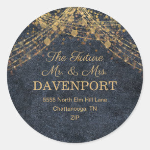 Rustikales Glam Navy Blue Gold String Lights Runder Aufkleber