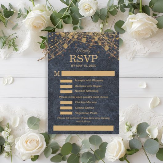 Rustikales Glam Navy Blue Gold Wedding Menu UAWG RSVP Karte