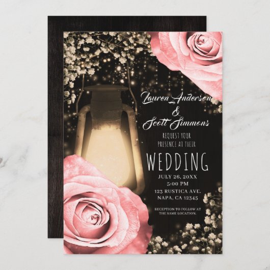 Rustikales glattes Laternenblau Pfirsichfarben Ros Einladung (Vorne/Hinten)