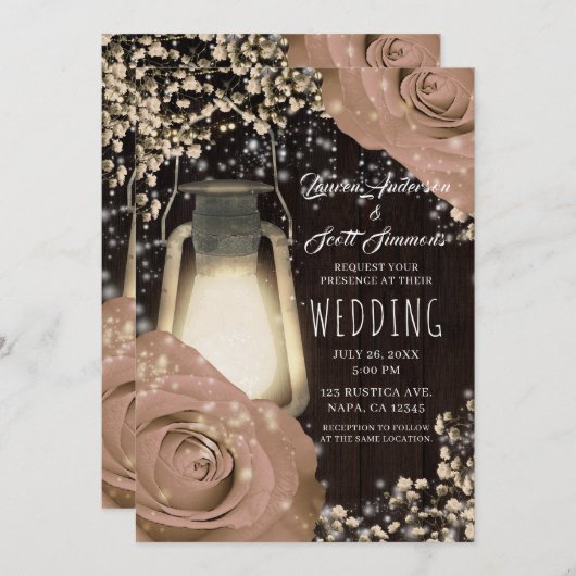Rustikales Glow Lantern Beige Rose Barn Wedding Einladung (Vorne/Hinten)