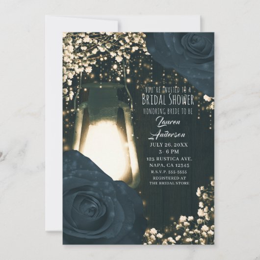 Rustikales Glow Lantern Blau Schwarze Rose Brautpa Einladung (Vorderseite)