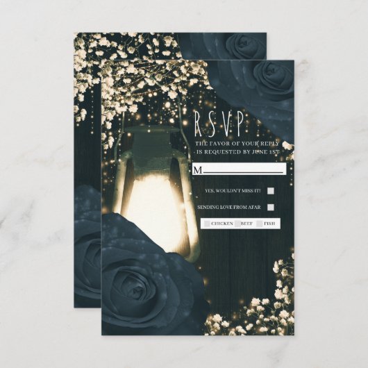Rustikales Glow Lantern Blau Schwarze Rose Hochzei RSVP Karte (Vorne/Hinten)