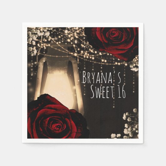 Rustikales Glühen Dunkle Rote Rosen Sweet 16 Glam Serviette (Vorderseite)
