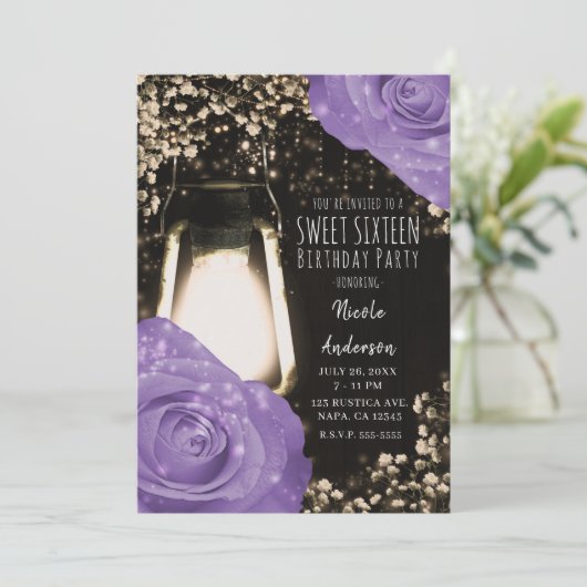 Rustikales Glühen Laterne Lavendel Lila Rose Sweet Einladung (Stehend Vorderseite)