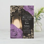 Rustikales Glühen Laterne Lila Rose Sweet 16 Einladung (Stehend Vorderseite)