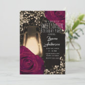 Rustikales Glühen Laterne & Magenta Rose Sweet 16 Einladung (Stehend Vorderseite)