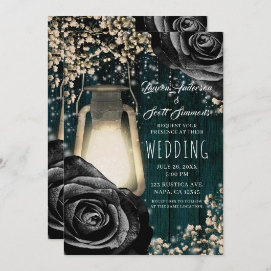 Rustikales Glühen Laternenschwarz Rose & Aquamarin Einladung (Vorne/Hinten)