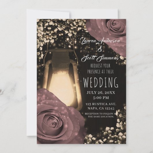 Rustikales Glühen Lattern und trostlose Rosenhochz Einladung (Vorderseite)