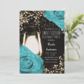 Rustikales Glühen Türkisblau Rose Süß 16 Einladung (Stehend Vorderseite)