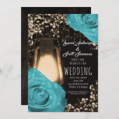 Rustikales Glühen türkisfarbene Rose Hochzeit Einladung (Vorne/Hinten)