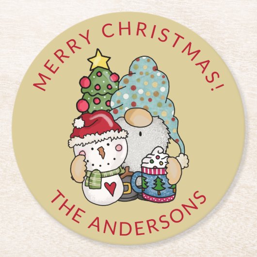 Rustikales Gnome Snowman Weihnachten Runder Pappuntersetzer (Vorderseite)