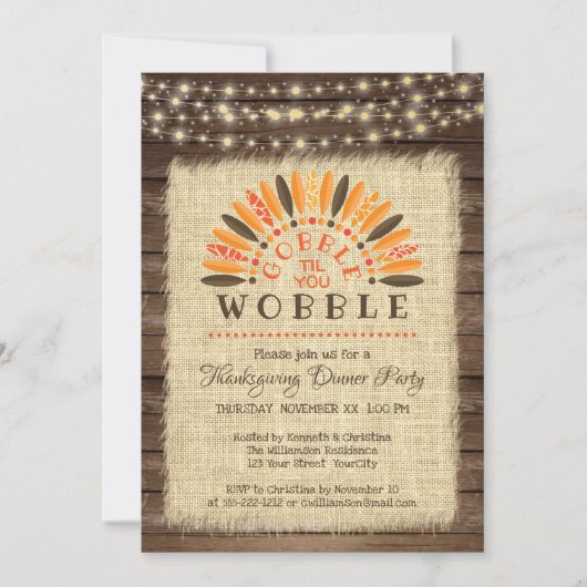 Rustikales "Gobble til you Wobble" Erntedank Dinne Einladung (Vorderseite)