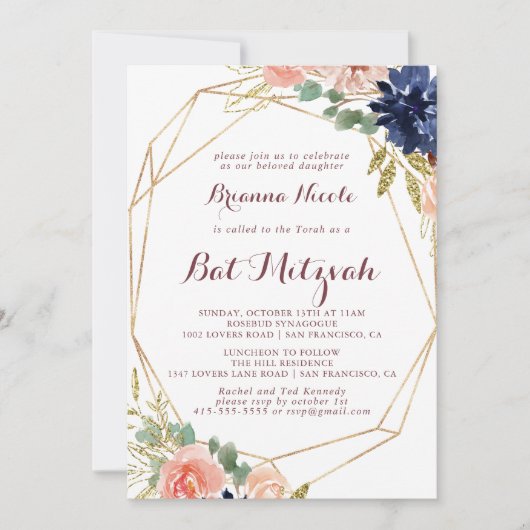 Rustikales Gold Blätter Kalligrafie Bat Mitzvah Einladung (Vorderseite)