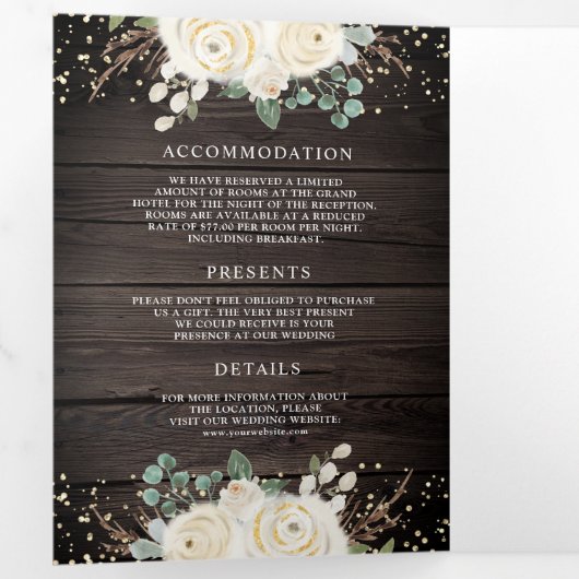 Rustikales Gold Elfenbeinblütenblüte in einer Holz Dreifach Gefaltete Einladung (Innen Erste Seite)