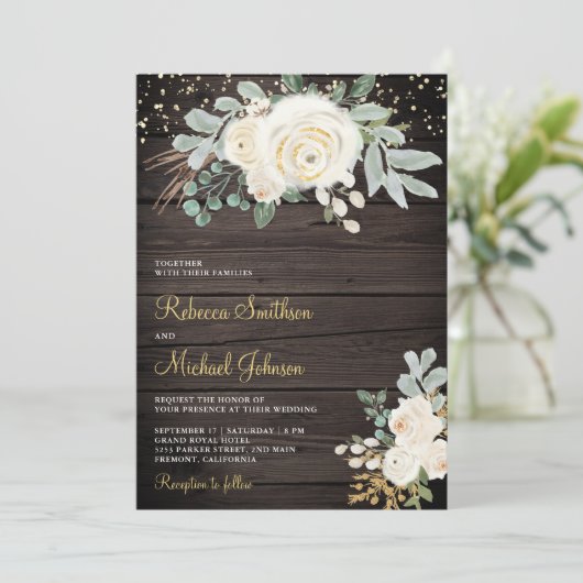 Rustikales Gold Elfenbeinblütenblüte in einer Holz Einladung (Stehend Vorderseite)