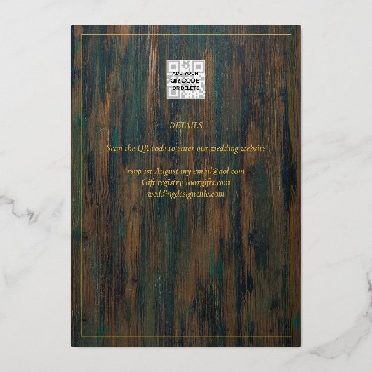 Rustikales GOLD FOIL Textholz Hochzeitsgeschmack Folieneinladung (Rückseite)