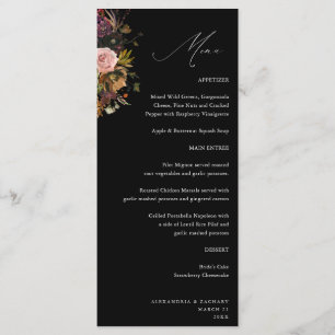 Rustikales Gold, Lila und rosa Blüten 4 Schwarze T Menükarte