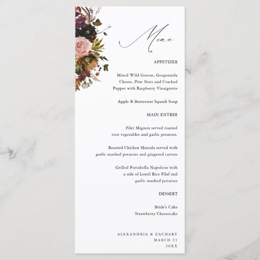 Rustikales Gold, Lila und rosa Blüten 4 Weißer Tal Menükarte (Vorderseite)