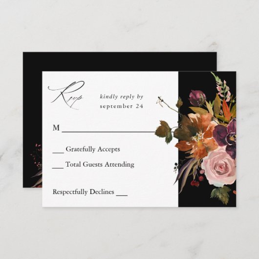 Rustikales Gold, Lila und rosa Blütenblättrige Blü RSVP Karte (Vorne/Hinten)