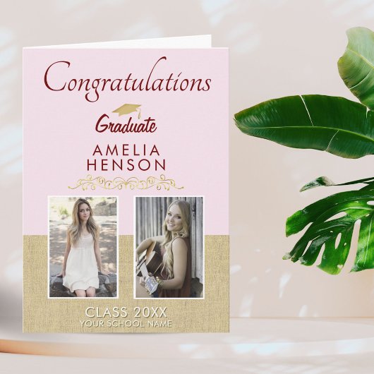 Rustikales Gold Pink 2022 Graduate 2 Foto Abschlus Karte