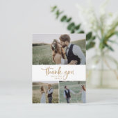 Rustikales Gold Script 3 Foto Collage Wedding Dankeskarte (Stehend Vorderseite)
