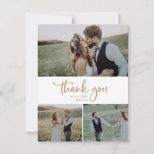Rustikales Gold Script 3 Foto Collage Wedding Dankeskarte