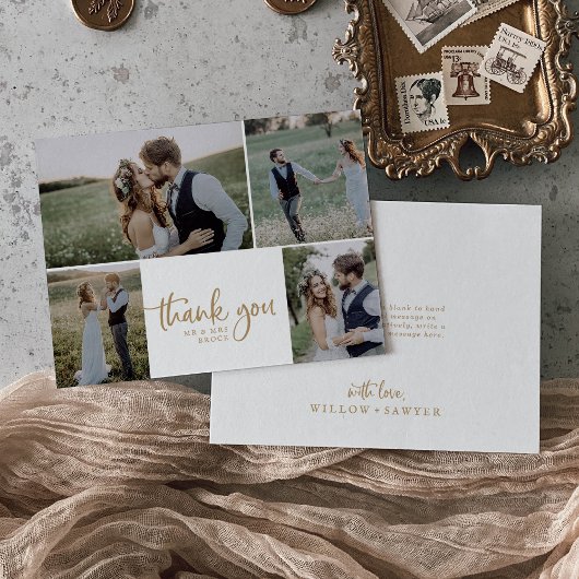 Rustikales Gold Script 4 Foto Collage Wedding Dankeskarte
