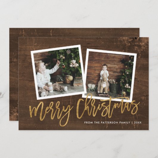 Rustikales Gold Script Frohe Weihnachten 2 Foto (Vorne/Hinten)