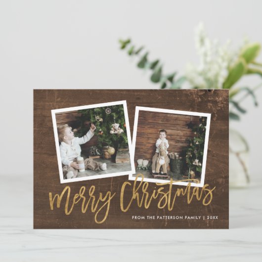 Rustikales Gold Script Frohe Weihnachten 2 Foto (Stehend Vorderseite)