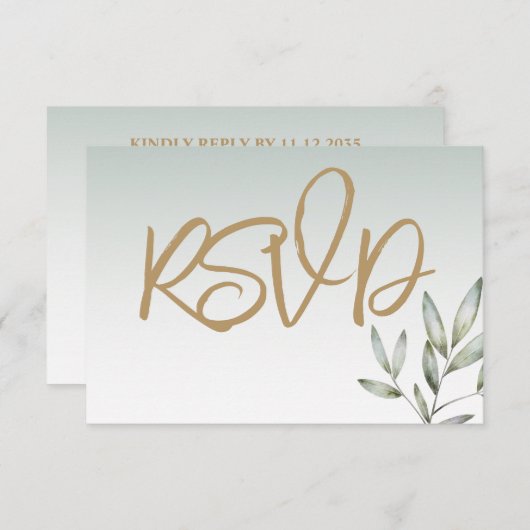 Rustikales Gold Script und Sage Green Foliage Hoch RSVP Karte (Vorne/Hinten)
