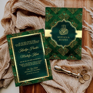 Rustikales Gold Smaragdgrün Damast Muslimische Hoc Einladung