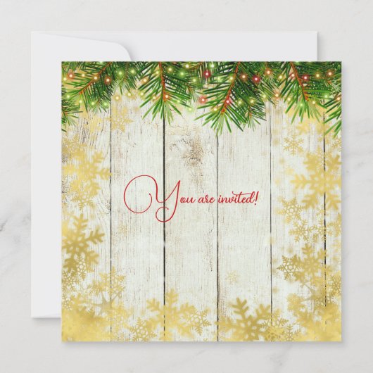 Rustikales Gold Snow & Pine Lights Company Xmas Ri Einladung (Rückseite)