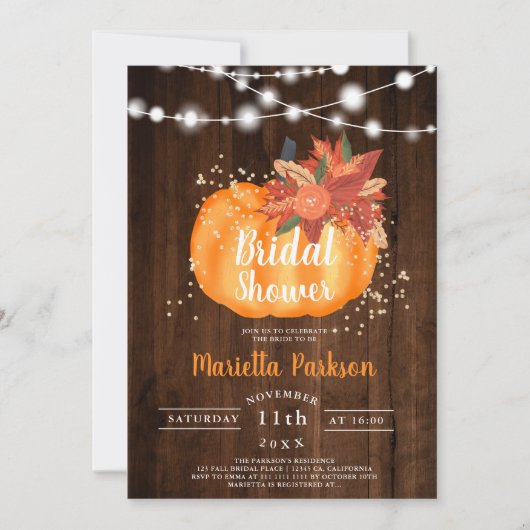 Rustikales goldblühendes Holzlicht fällt Brautpart Einladung (Vorderseite)