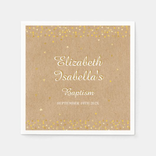 Rustikales Goldenes Herz Confetti Taufe Christenin Serviette (Vorderseite)