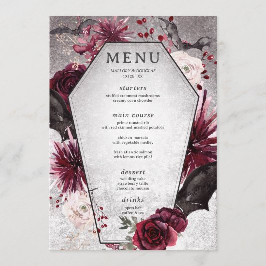 Rustikales Gotisches Schwarzes & Burgund Halloween Menükarte (Vorderseite)