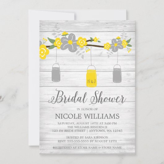 Rustikales Grau-Gelb-Mason-Jar-Branch-Brautparty Einladung (Vorderseite)