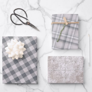 Rustikales Grau Karo und drei passende Musterverpa Geschenkpapier Set